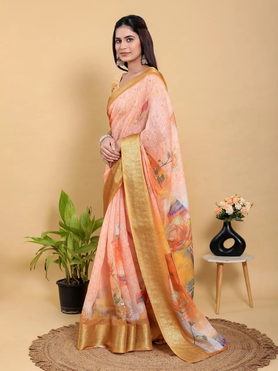Designer Jacquard Patta Linen Cotton Saree with Floral Digital Print & Zari Border – Festive Ethnic Wear Attractive Sister