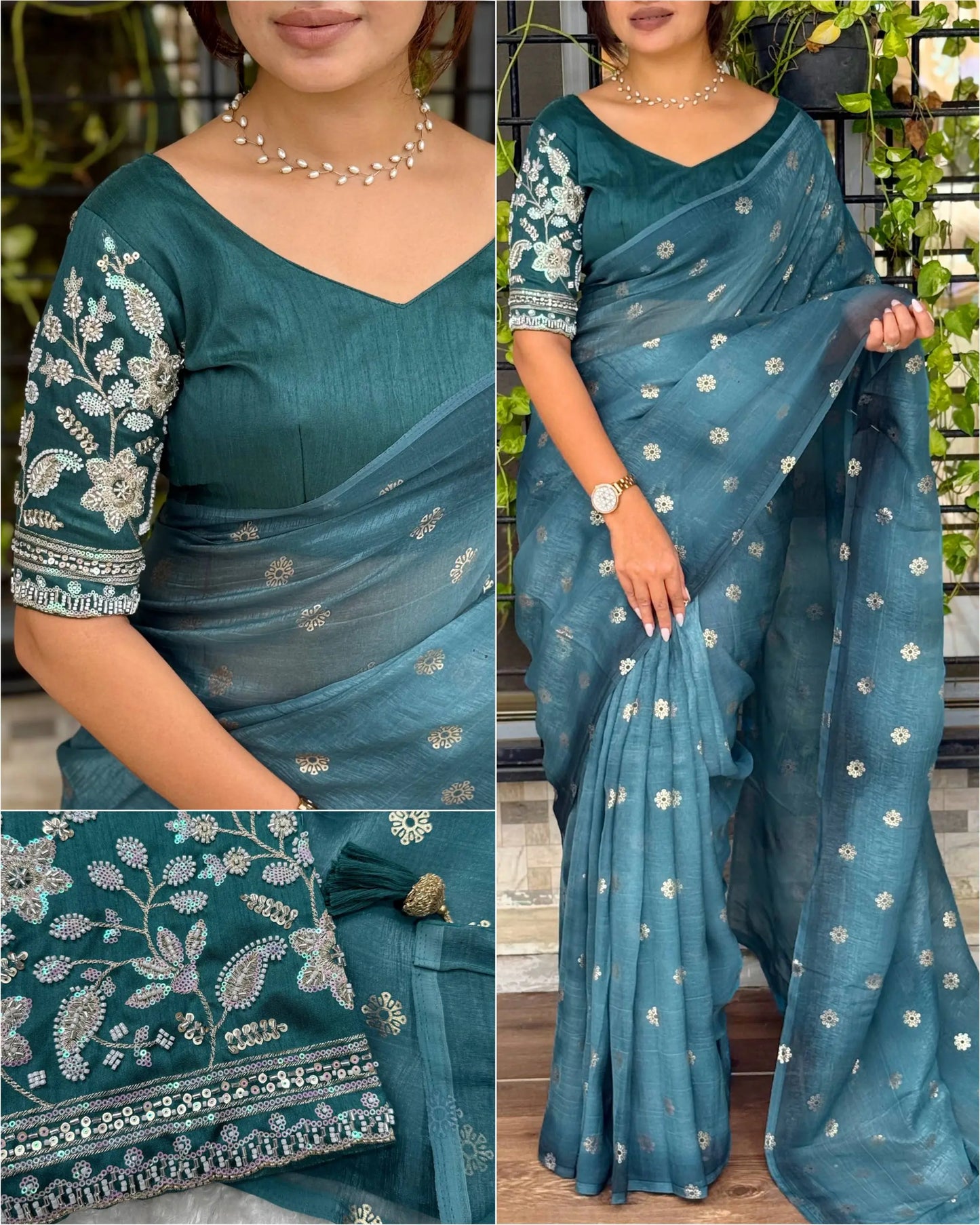 Designer Tissue Crunchy Saree with 3D Foil Work & Pearl-Bead Embroidered Blouse – Festive Wear for Women RE
