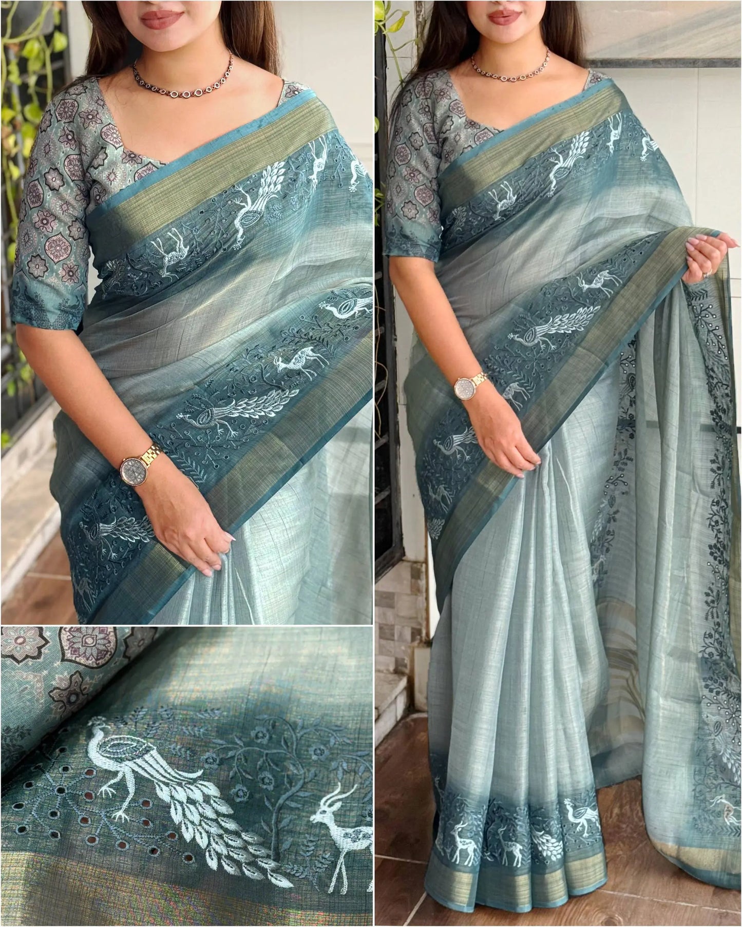 Designer Tussar Cotton Zari Silk Saree with Embroidery & Ajrakh Print Blouse – Festive & Wedding Wear for Women RE