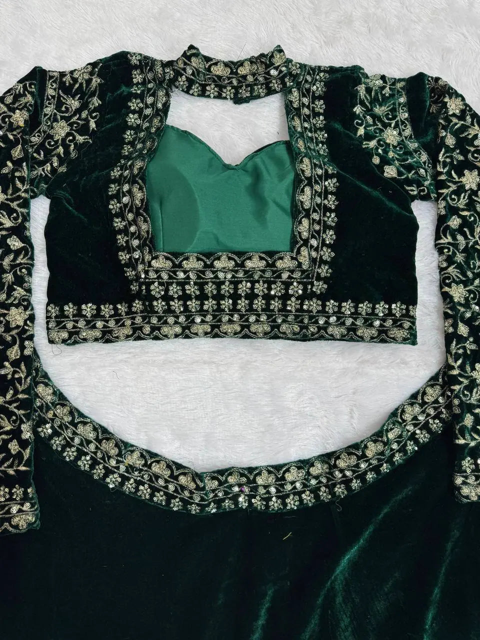 Green Velvet Bridal/Party Lehenga | Heavy Embroidery | Semi-Stitch | Size Up to 44 RE