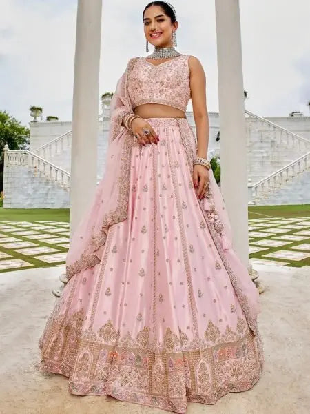 Pink Silk Bridal Lehenga Choli with Sequins and Thread Embroidery Luxury Look at Best Price RE