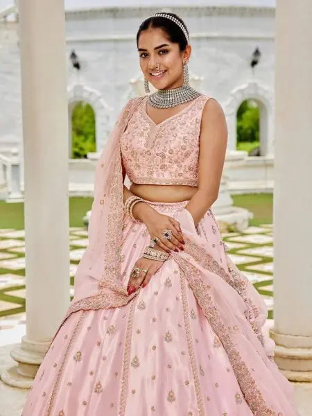 Pink Silk Bridal Lehenga Choli with Sequins and Thread Embroidery Luxury Look at Best Price RE