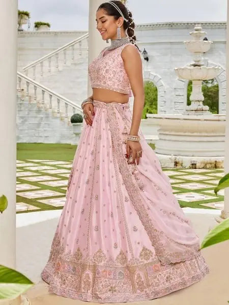 Pink Silk Bridal Lehenga Choli with Sequins and Thread Embroidery Luxury Look at Best Price RE