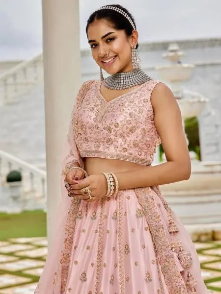 Pink Silk Bridal Lehenga Choli with Sequins and Thread Embroidery Luxury Look at Best Price RE