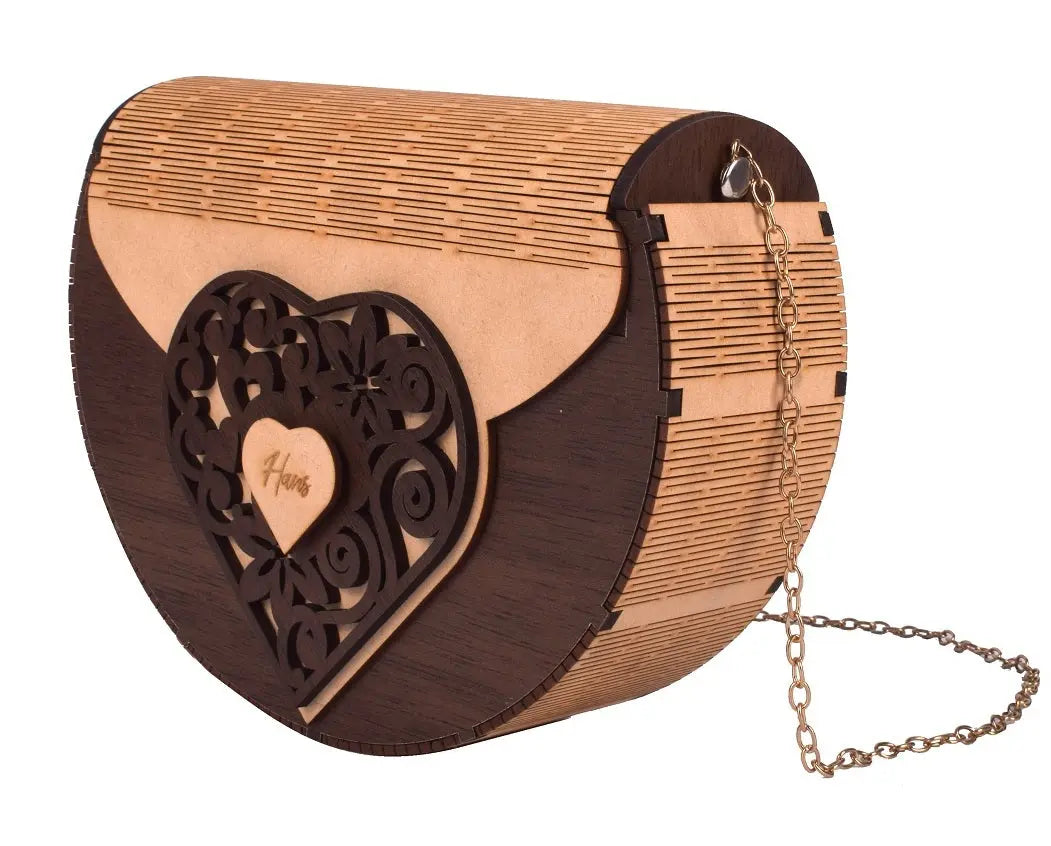 Handcrafted Wooden Heart Engraved Handbag with Gold Chain Strap - Stylish Eco-Friendly Crossbody Bag for Perfect Rakhi Festival Gift for sister Attractive Sister