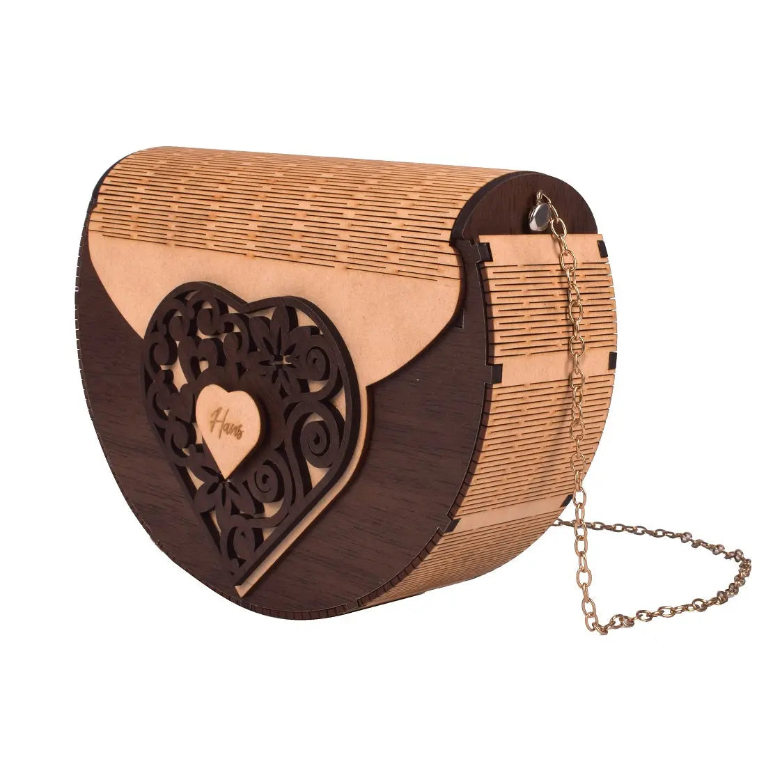 Handcrafted Wooden Heart Engraved Handbag with Gold Chain Strap - Stylish Eco-Friendly Crossbody Bag for Perfect Rakhi Festival Gift for sister Attractive Sister