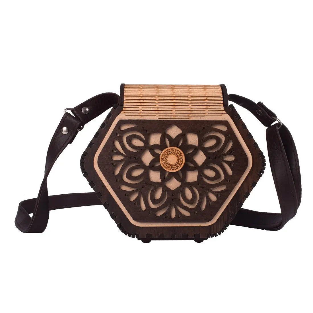 "Elegant Handcrafted Hexagonal Wooden Handbag with Floral Design - Perfect Rakhi Festival Gift" Attractive Sister