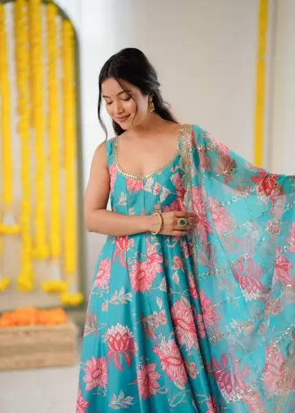 Rama Blue Anarkali Palazzo Set in Georgette with Embroidery Work Ready to Wear RE