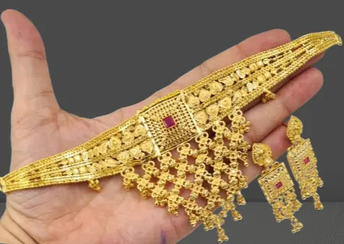 Rajasthani Thewa 2 gram gold plated Necklace Set with Matching Earrings,Luxurious Gold -Plated Thewa Necklace Set for Special Occasions Attractive Sister