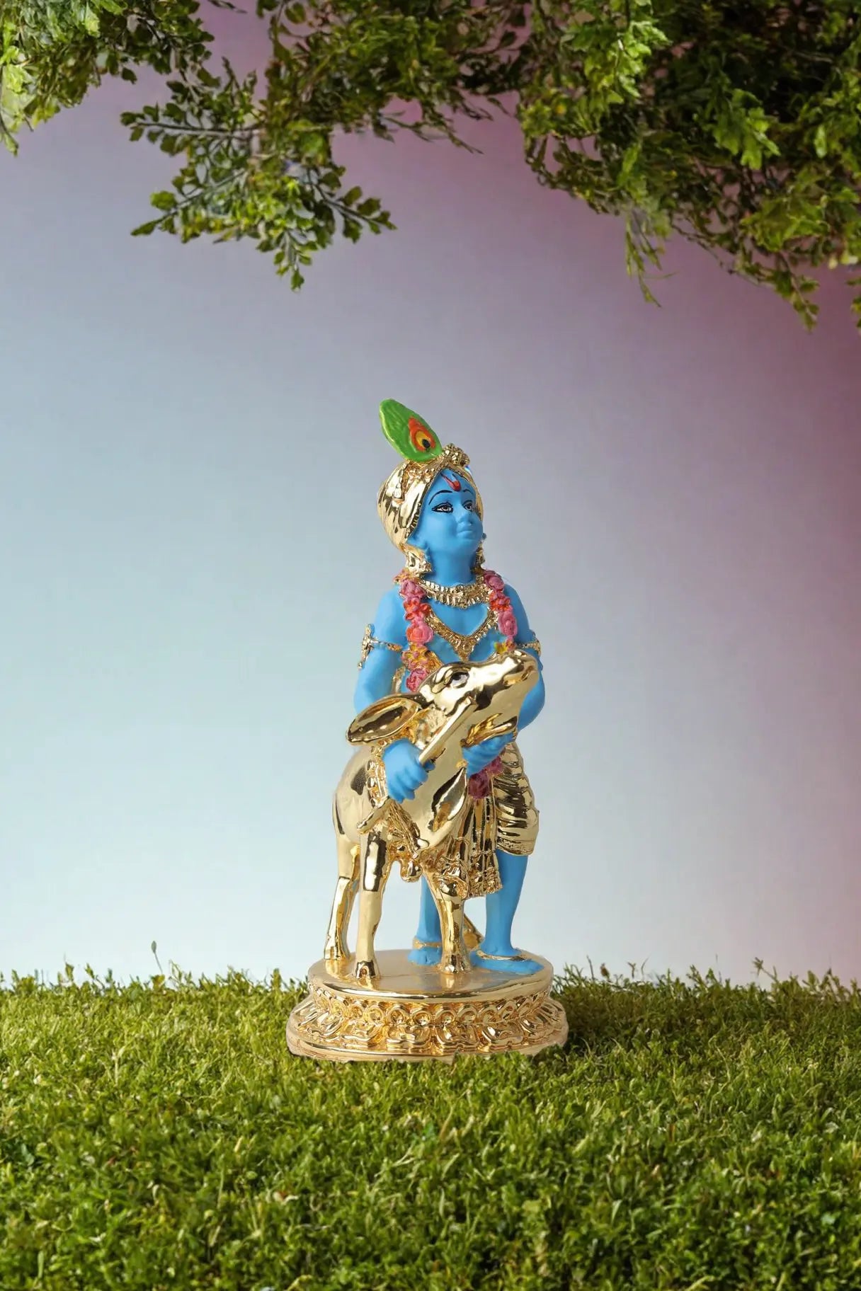 Gold Plated Krishna with Calf Statue - Blue Color, 6.5 x 2.75 Inches, Decorative Figurine Attractive Sister