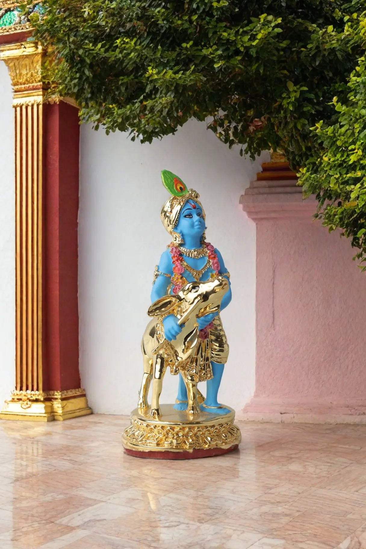 Gold Plated Krishna with Calf Statue - Blue Color, 6.5 x 2.75 Inches, Decorative Figurine Attractive Sister