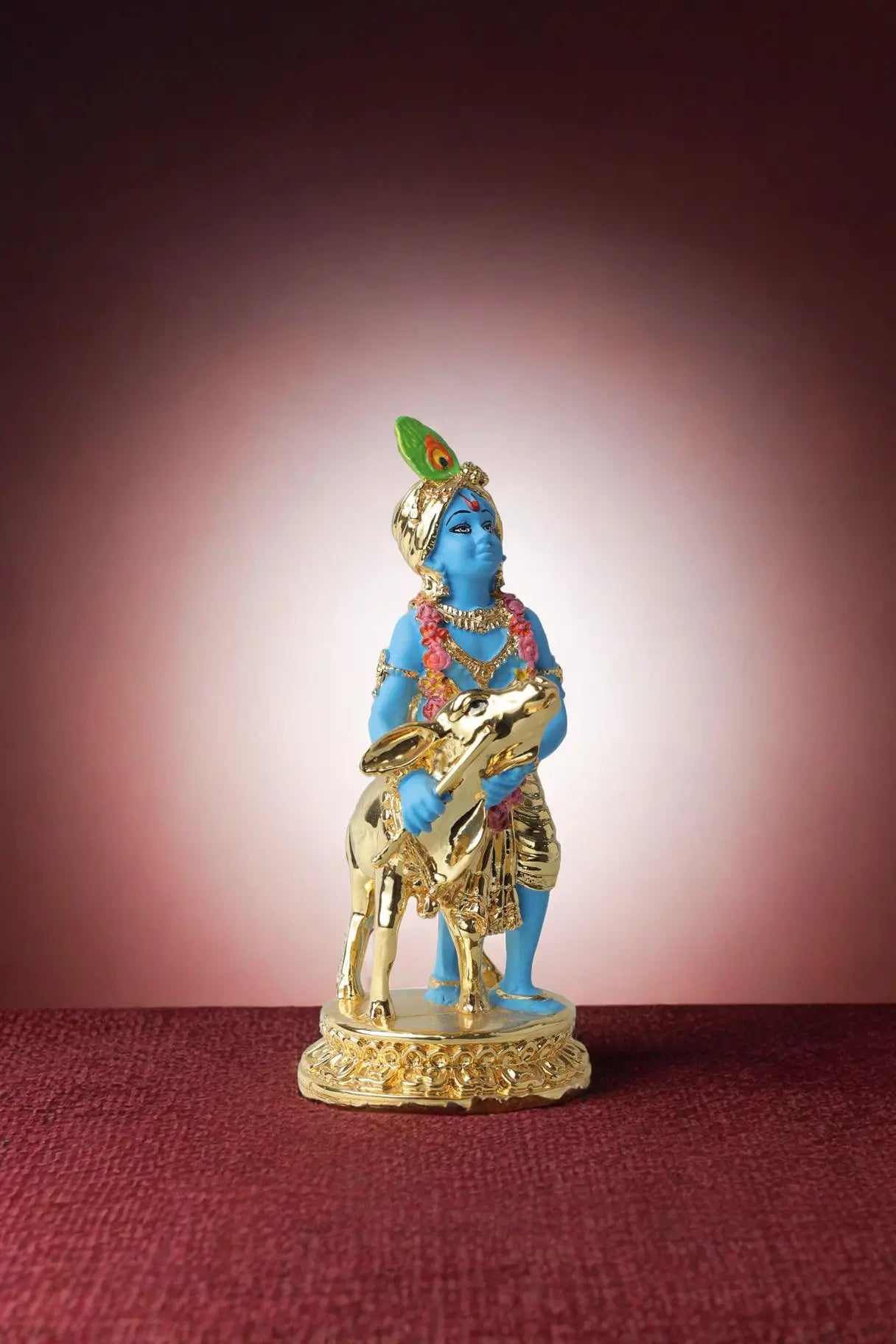 Gold Plated Krishna with Calf Statue - Blue Color, 6.5 x 2.75 Inches, Decorative Figurine Attractive Sister