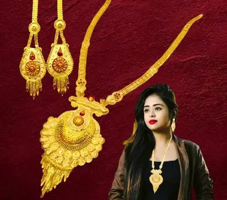 One-Gram Gold-Plated Long Haram Necklace Set with Earrings and Earring support Chain Attractive Sister