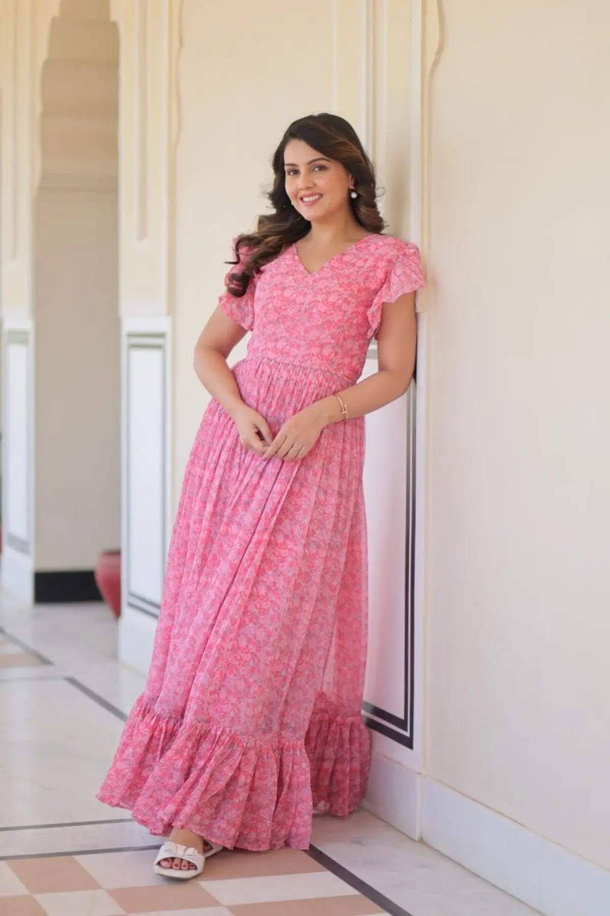 Stylish Faux Georgette Printed Gown with Flair Bell Sleeves Party Wear Dress for Women at Bulk Stock for Resellers RE