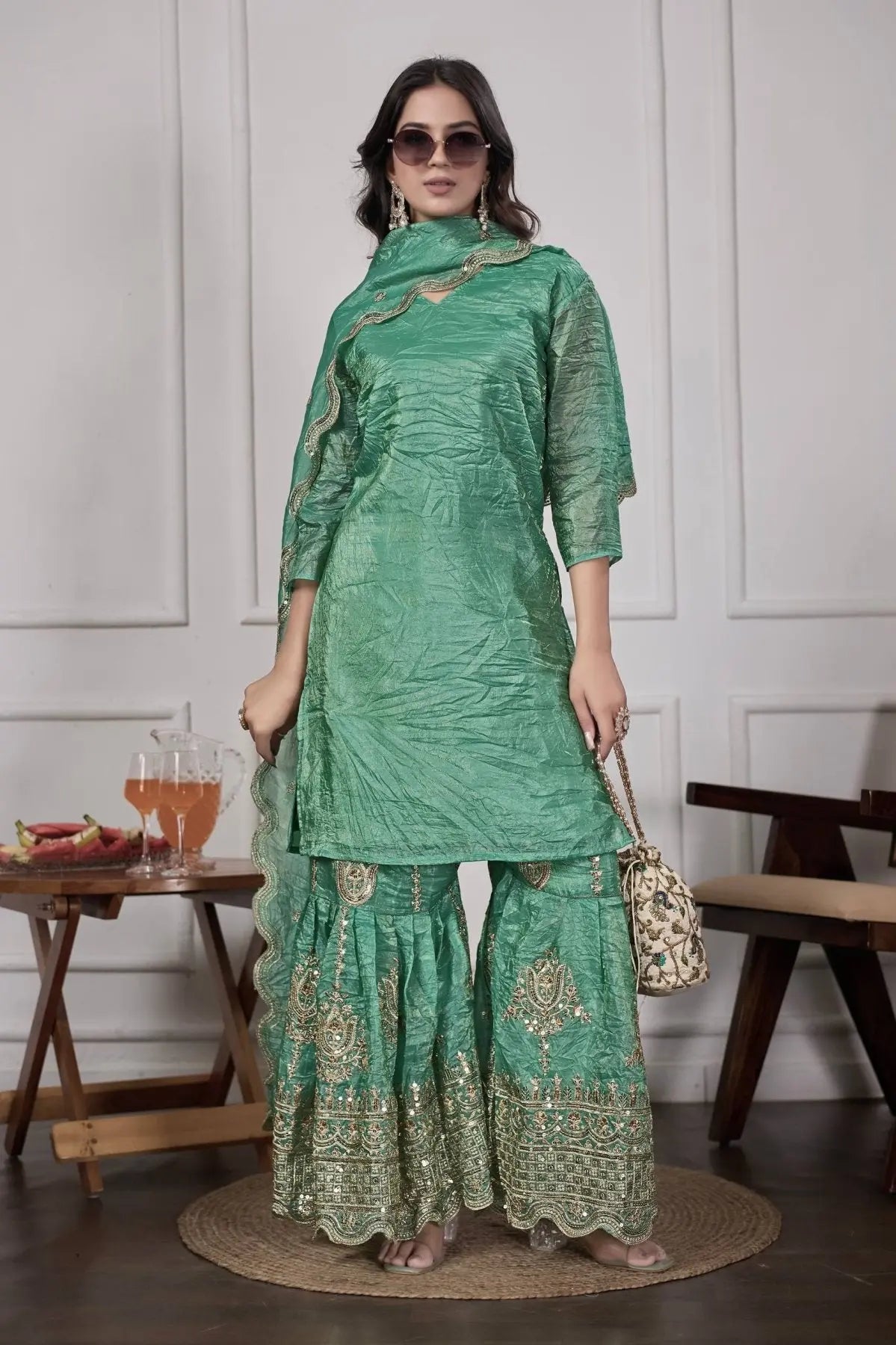 Trendy Gold Crushed Silk Embroidery Sharara Set with Dupatta Ready to Wear Festive Look RE