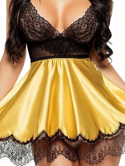 Women's Silk Babydoll Lingerie Set and Sexy Midi Babydoll with Thong Attractive Sister