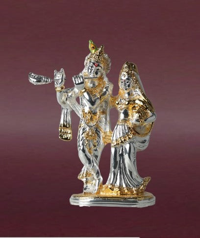 Gold and Silver Plated Radha Krishna Idol - 5.75" Decorative Figurine for Home Temple, Office, and Gifts