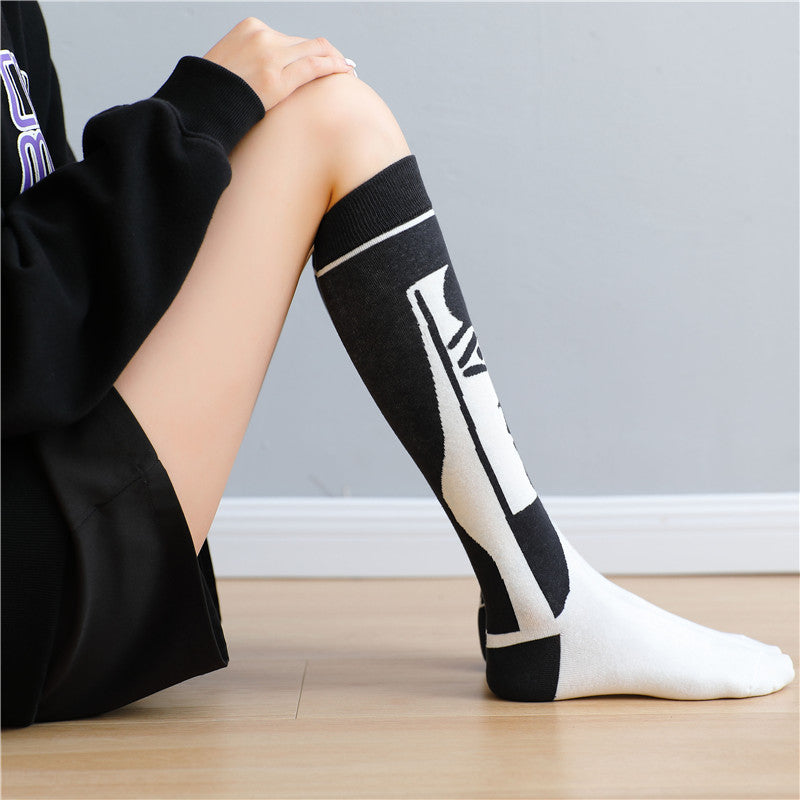 Trendy Cool Calf Socks Female Retro Street Black And White