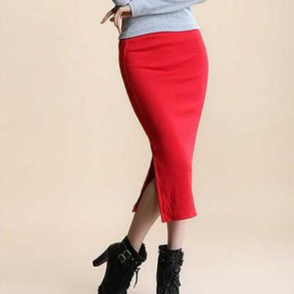 Mid-waist Rib Knitted Sheath Split Skirt