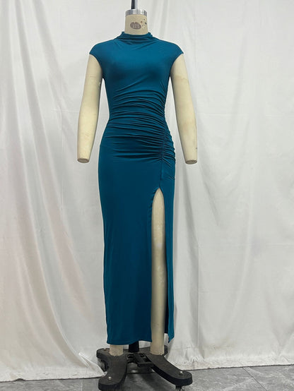 European And American Solid Color Slim-fit Sheath Dress Temperament Split