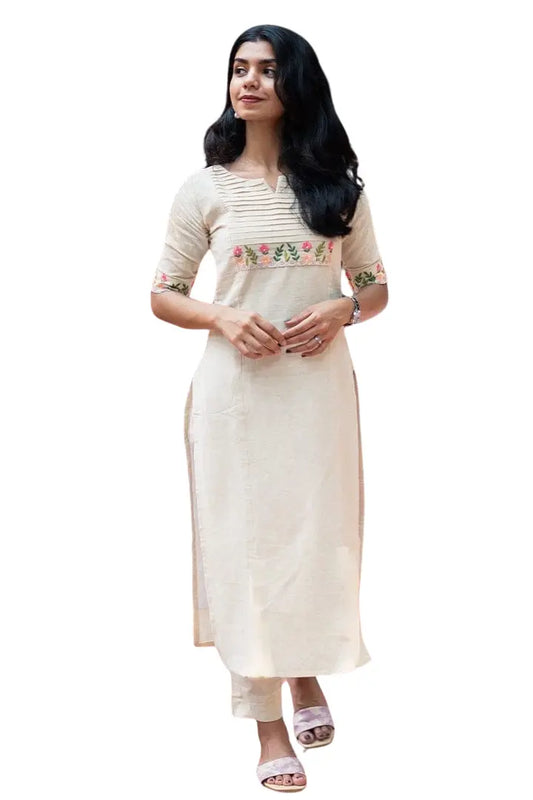 Women's Cotton White Floral Straight Kurta with Palazzo Size -M BazaarBag