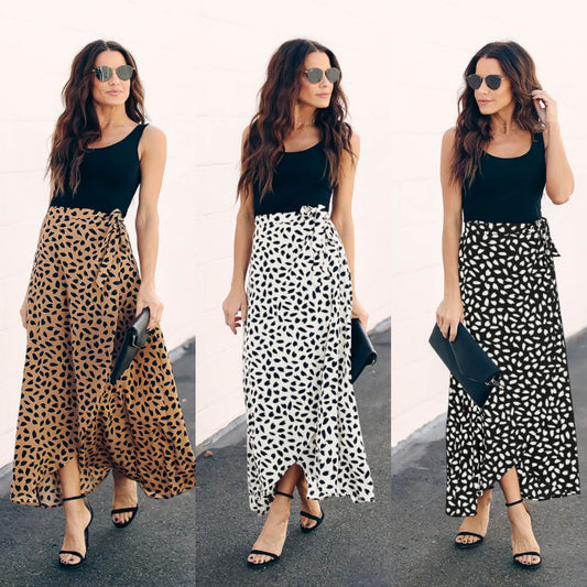 Ladies Polka Dot Printed Split Long Skirt