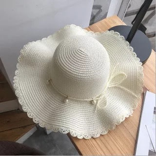 Hat Female Summer Small  Wave Big Along The Straw Hat Korean Version Of The Wild Pearl Leisure Sunscreen Beach Sun Hat Tide