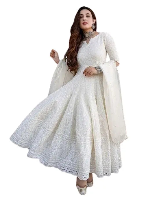 Women's & Girl's Pure White Cotton Anarkali Chikankari Long Kurti Gown Size -XXL BazaarBag