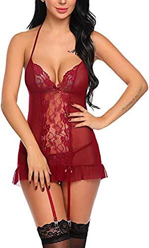 Women's Sexy Lingerie Set - Lace Sheer Babydoll with Adjustable Garters and Deep V-Neck - Available in Red and White