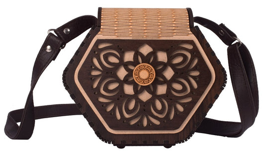 "Elegant Handcrafted Hexagonal Wooden Handbag with Floral Design - Perfect Rakhi Festival Gift"