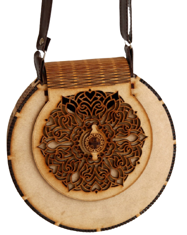 "Exquisite Handcrafted Circular Wooden Handbag with Intricate Floral Design – Perfect Rakhi Festival Gift"