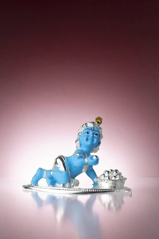 "Handcrafted Baby Krishna Idol with Silver Accents - Divine Décor"