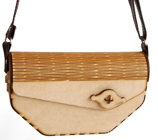 Wooden Laser-Cut Shoulder Bag with Leather Strap