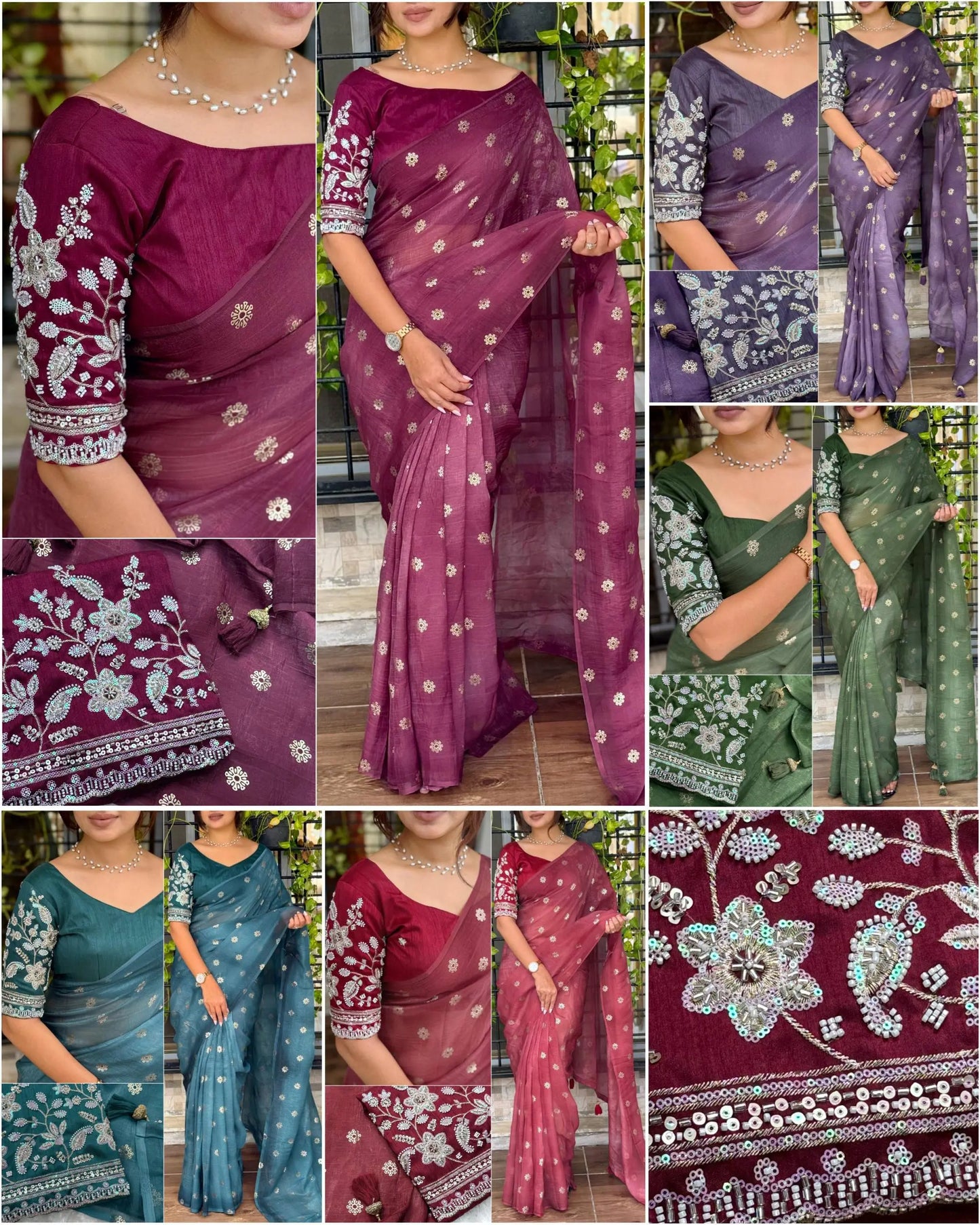 Designer Tissue Crunchy Saree with 3D Foil Work & Pearl-Bead Embroidered Blouse – Festive Wear for Women RE