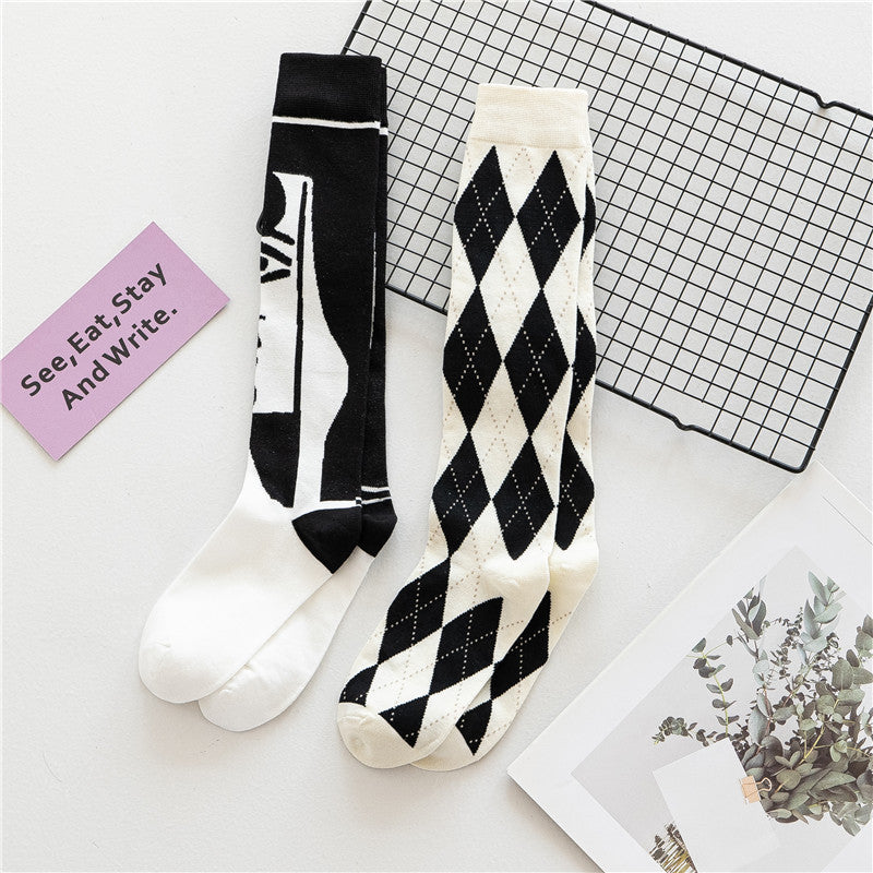 Trendy Cool Calf Socks Female Retro Street Black And White