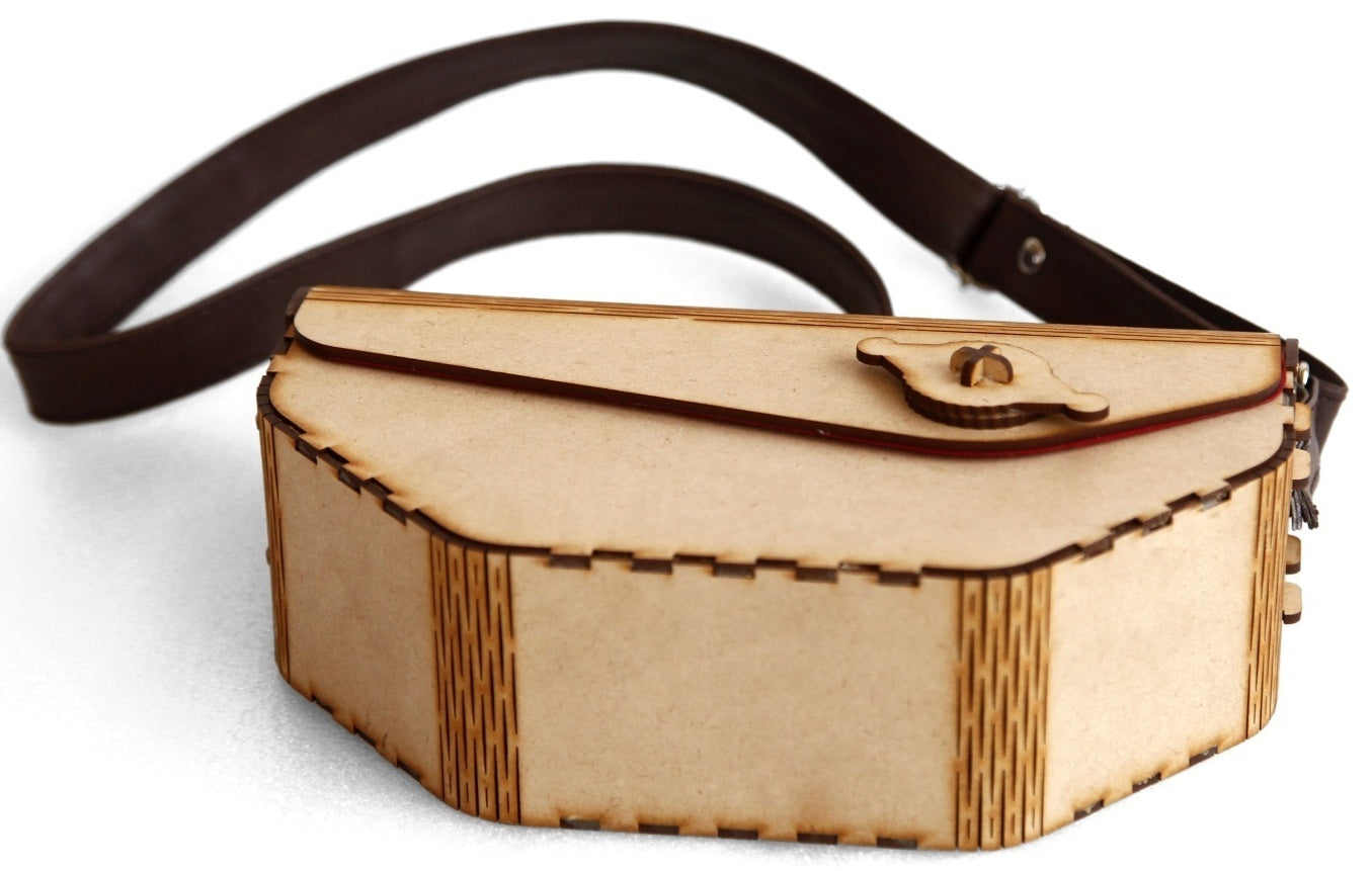 Wooden Laser-Cut Shoulder Bag with Leather Strap