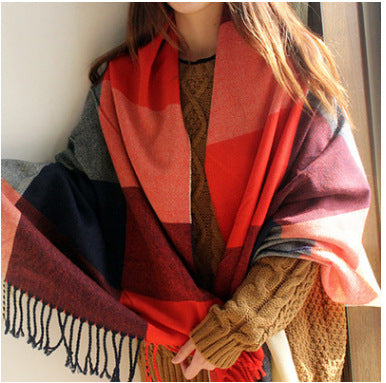 The Winter Scarf Cashmere Scarf fringed shawl collar ladies Plaid long scarf one generation