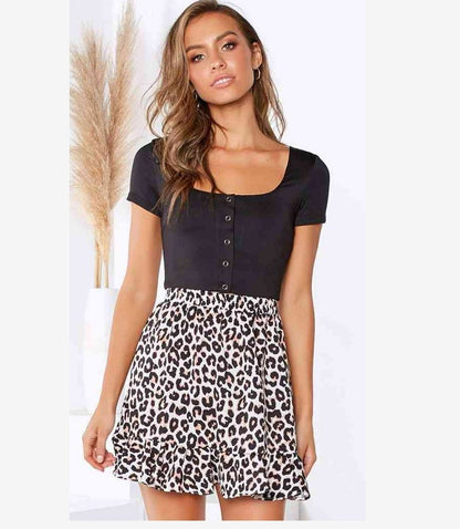 Leopard-print mid-rise elasticated ruffled short skirt