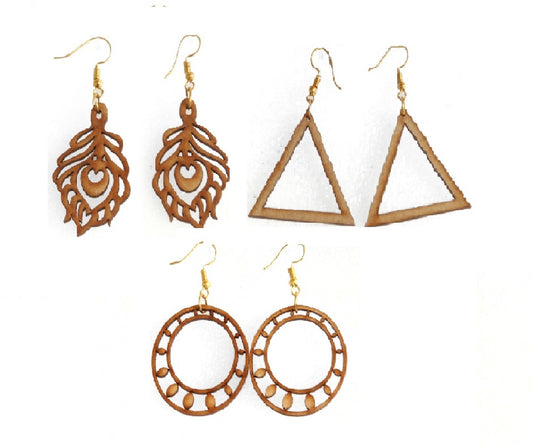 Handcrafted Wooden Earrings Set - 3 Pairs of Unique Designs