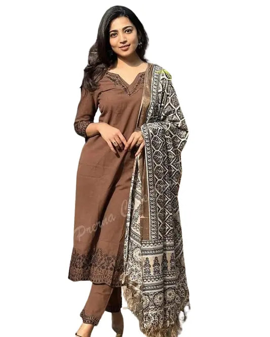 Women Pure Cotton Brown Kurti Pant Dupatta Set Size -L BazaarBag