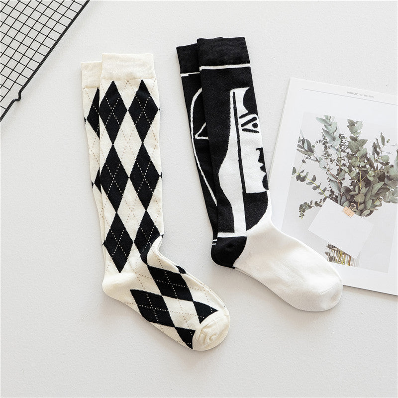 Trendy Cool Calf Socks Female Retro Street Black And White