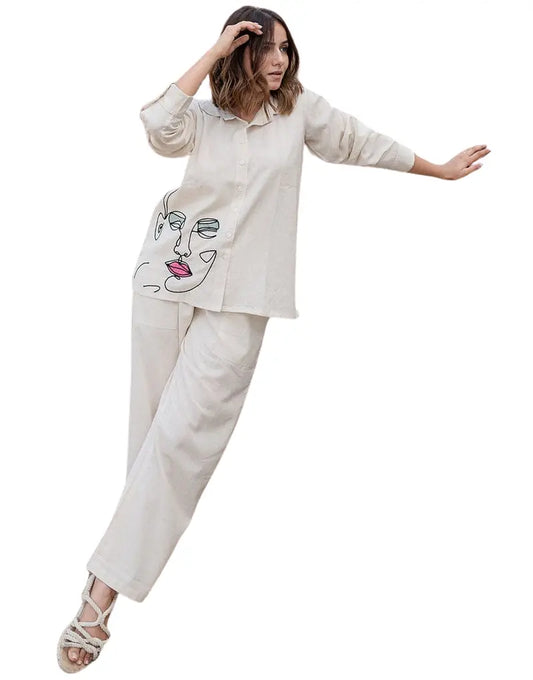White Silk Co-ord Set for Woman | Western Style Two Piece Set Top & Plazo | Full Sleeve Set Size-L BazaarBag