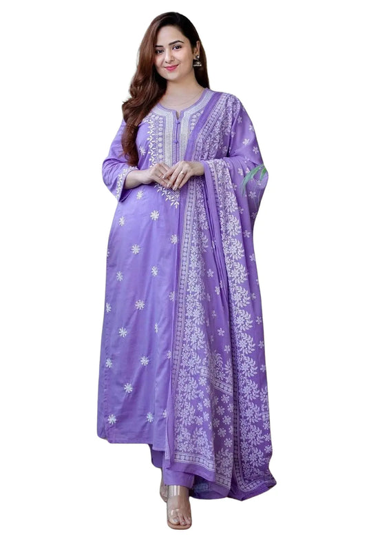 Lavender Pure Cotton Women’s Kurta Set with Dupatta, Round Neck Size-m Generic