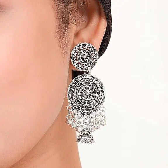Earrings for Women Traditional Silver AZ838-OXidised Jhumka Set | German Silver Chand Baliyan & Jhumkas Earrings | Birthday & Anniversary Gift -AZ838-OX-ER30 Attractive Sister