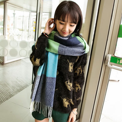 The Winter Scarf Cashmere Scarf fringed shawl collar ladies Plaid long scarf one generation