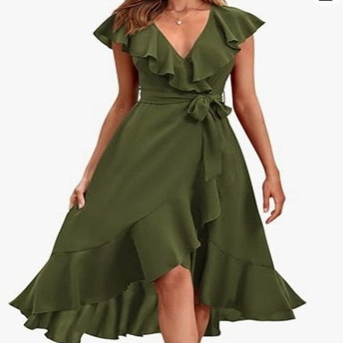 Women's V-neck Short Sleeve Ruffles Long Tie Dress