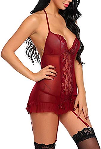 Women's Sexy Lingerie Set - Lace Sheer Babydoll with Adjustable Garters and Deep V-Neck - Available in Red and White