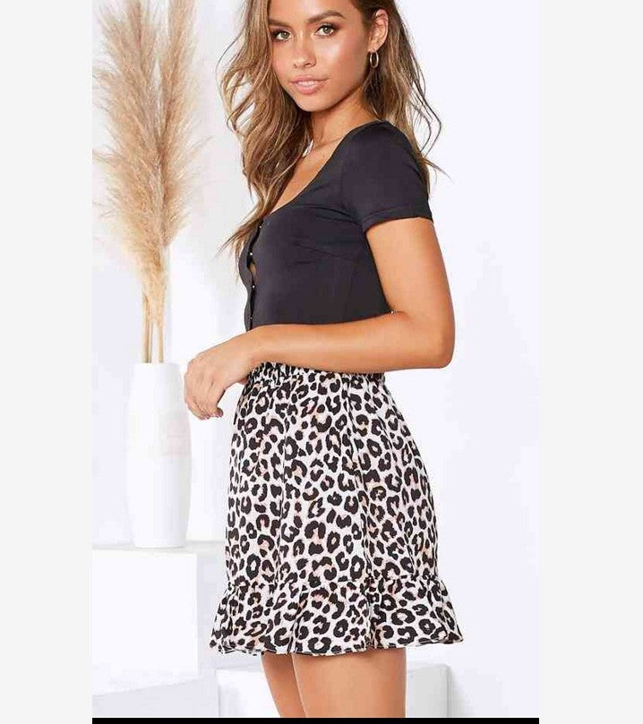 Leopard-print mid-rise elasticated ruffled short skirt