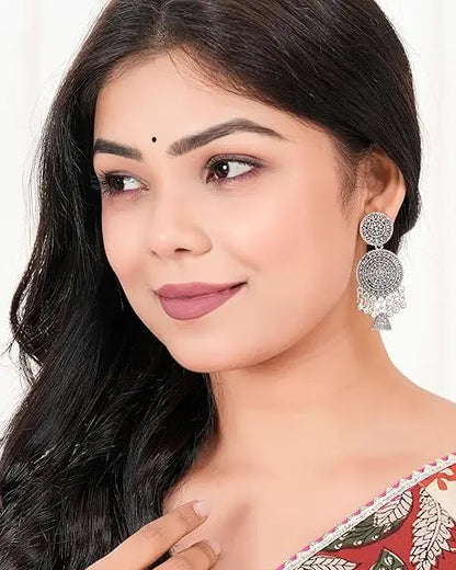Earrings for Women Traditional Silver AZ838-OXidised Jhumka Set | German Silver Chand Baliyan & Jhumkas Earrings | Birthday & Anniversary Gift -AZ838-OX-ER30 Attractive Sister