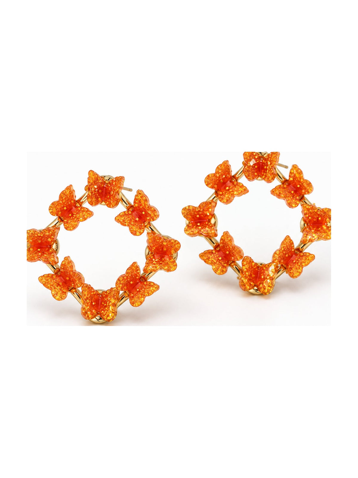Glitter Butterfly Square Frame Studs Orange - Attractive Sister